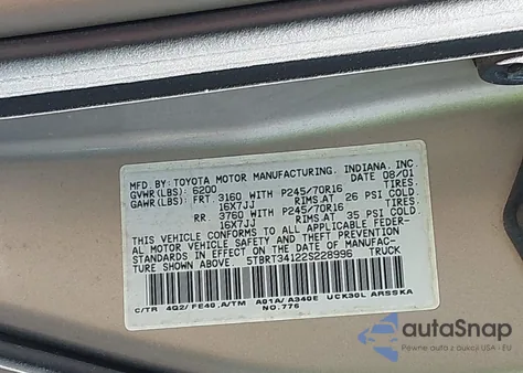 2002 Toyota Tundra Sr5 V8 z USA, uszkodzony, nr VIN 5TBRT34122S228996